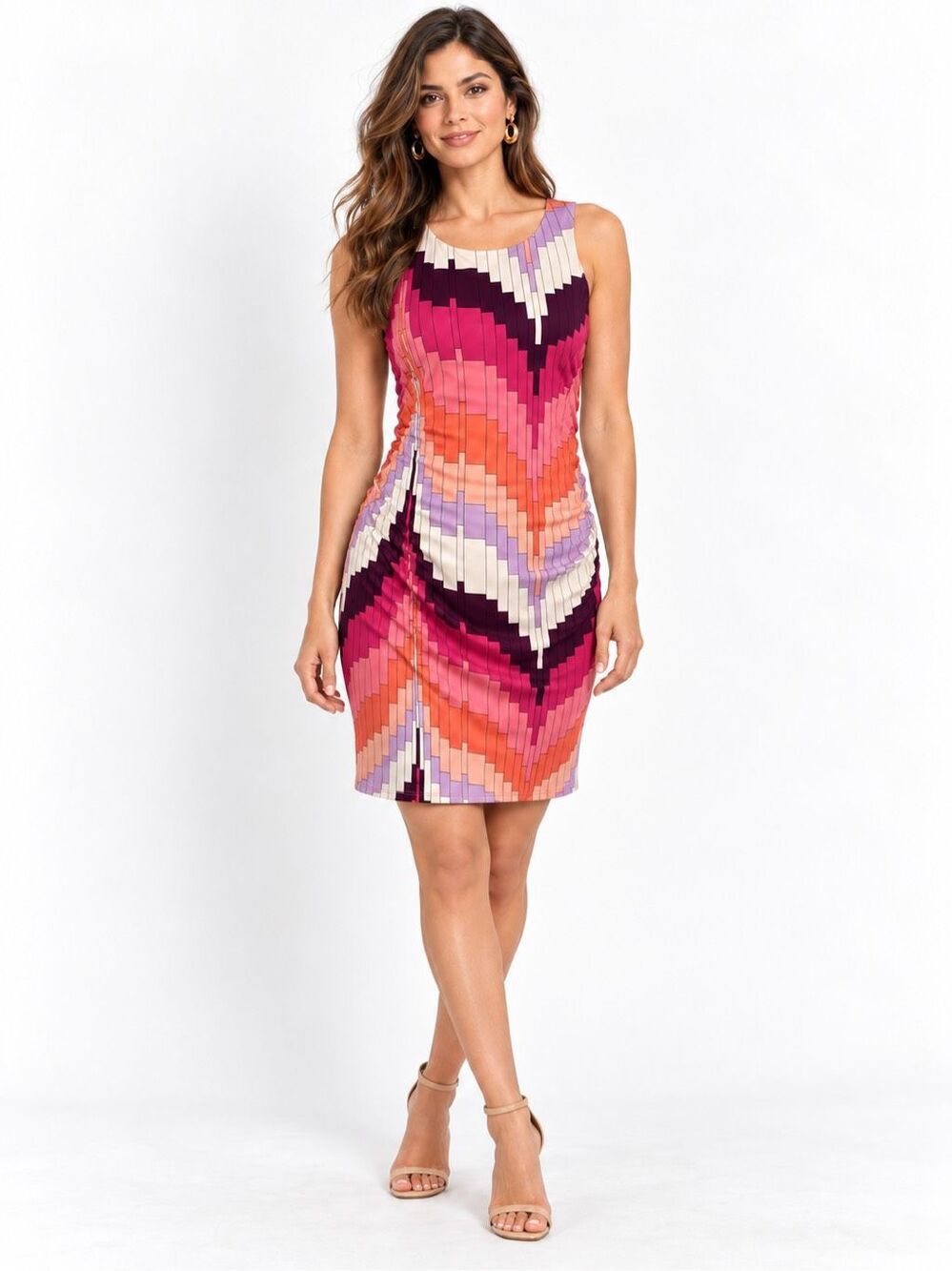 Trina Turk Geometric Print Ruched Sheath Dress Pink, Purple Size 8 NWT